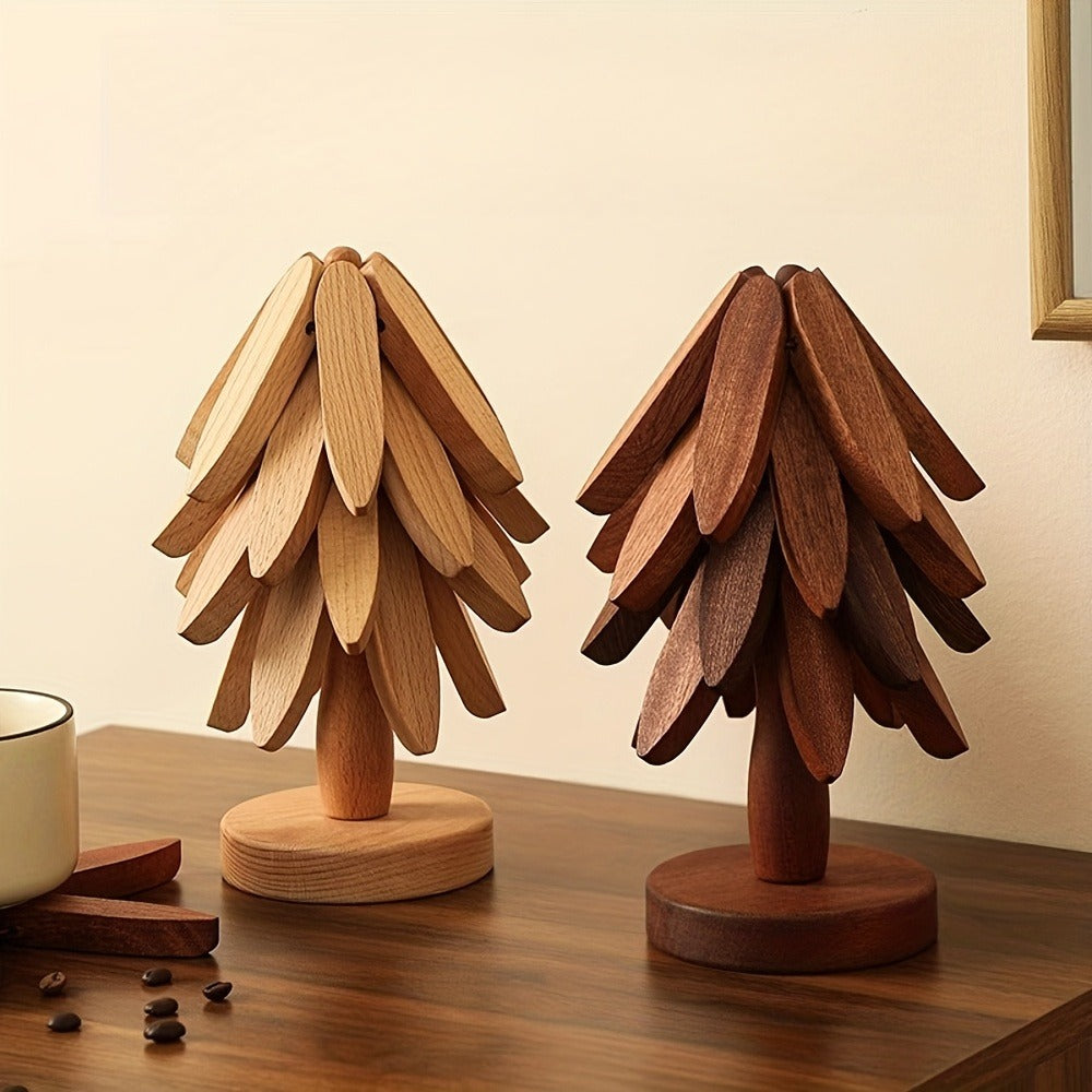 Solid Wood Trivet Mat Set 6pcs with Storage Rack ¨C Heat-Resistant Tree-Shaped Coasters, Natural Foldable Wooden Kitchen Trivets for Hot Dishes, Pots, Bowls & Teapots