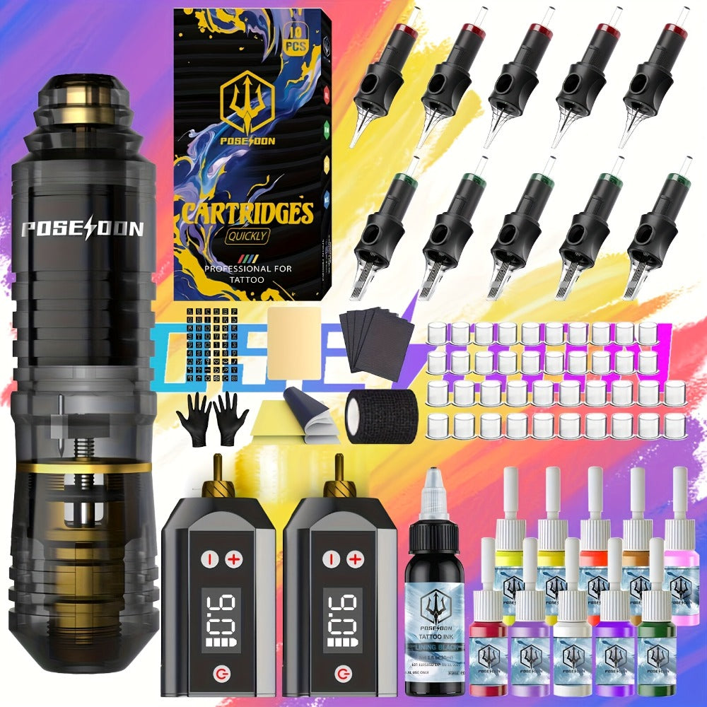 Tattoo Pen Kit Wireless Battery Tattoo Gun with LCD Screen, 1500mAh Cordless Rotary Tattoo Machine, 10pcs Cartridge Needles, 11 Color Inks & Power Supply ¨C Complete Tattoo Kit for Beginners & Artists