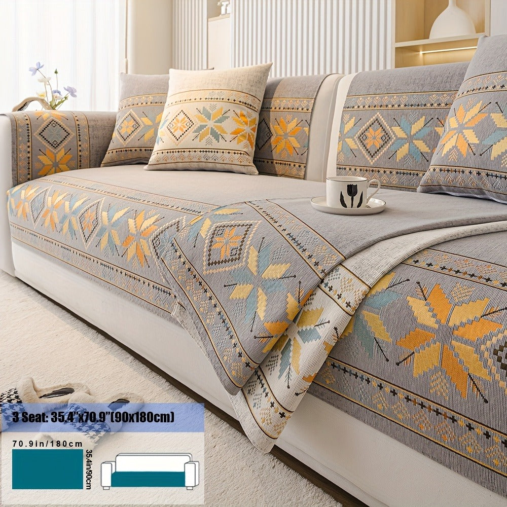 Chenille Sofa Slipcover 1pc Boho Vintage Style - Luxury Non-Slip Removable Four Seasons Universal Couch Cover | Armrest 1 2 3 4 Seater | Dark Gray Light Gray Blue | Living Room Home Decor