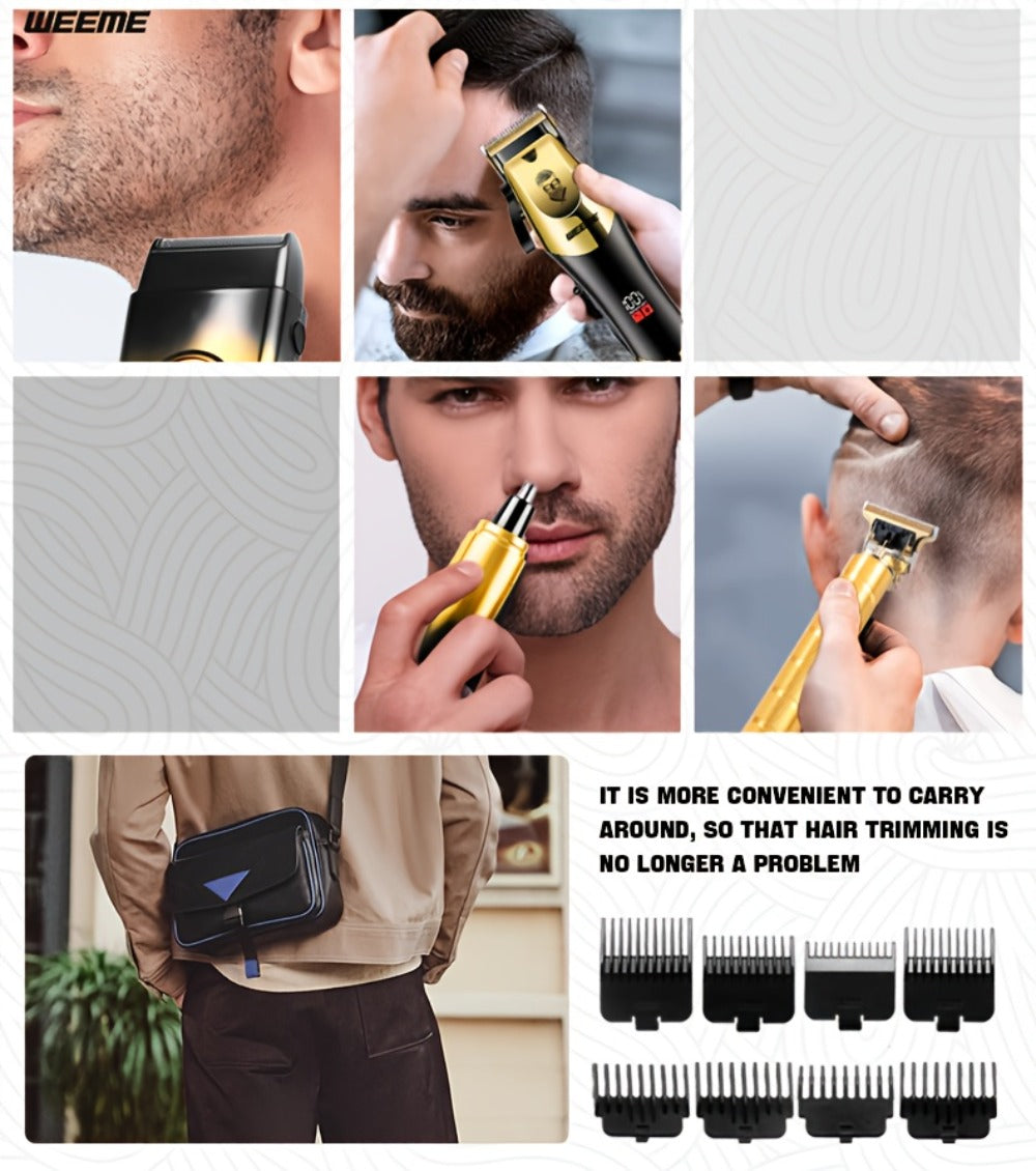 Men's Grooming Kit USB Rechargeable Hair Clipper Set with Nose Trimmer Electric Shaver Detail Trimmer 8 Limit Combs Professional Haircut Kit Father's Day Christmas Gift Gold