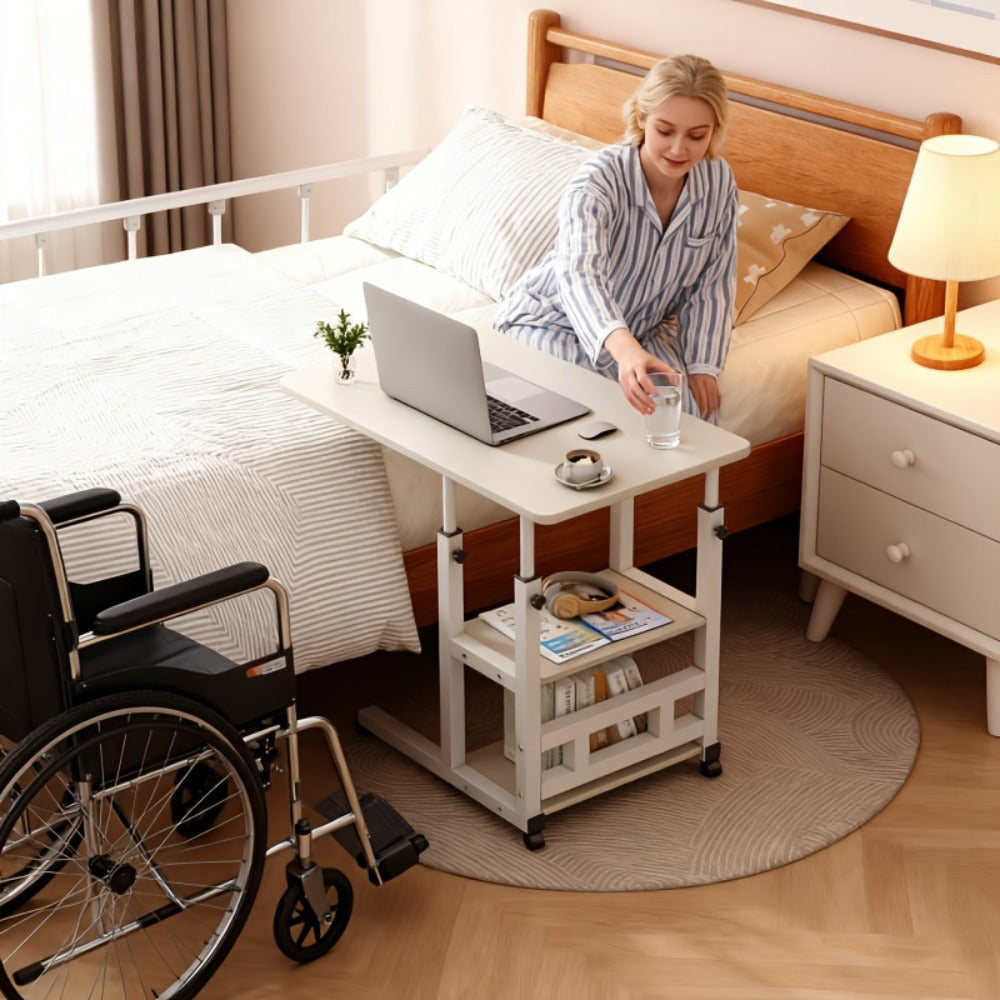 Rolling Overbed Table with Brake Wheels ¨C Adjustable Height Bedside Nursing Dining Table for Elderly & Patients | Lockable Caster Wheels, Over-Bed Card Tray Design, 4 Colors, Practical Gift