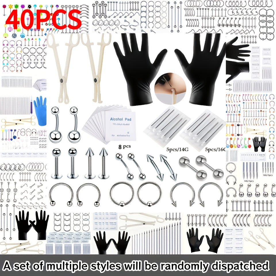Piercing Kit Stainless Steel Random Set ¨C Nose Bone Ear Tragus Lip Belly Button Eyebrow Piercing Needle Tools with Stainless Steel Jewelry, Trendy Body Piercing Accessories for Men and Women