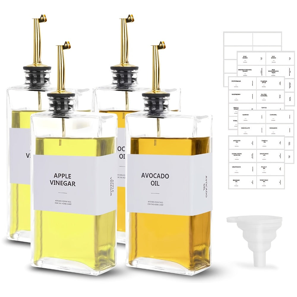 Glass Oil Dispenser Bottle 350ml - Olive Oil Vinegar Soy Sauce Coffee Syrup Dispenser for Kitchen, Rectangular Stable Design, Set of 2 or 4, Gold Silver Black White