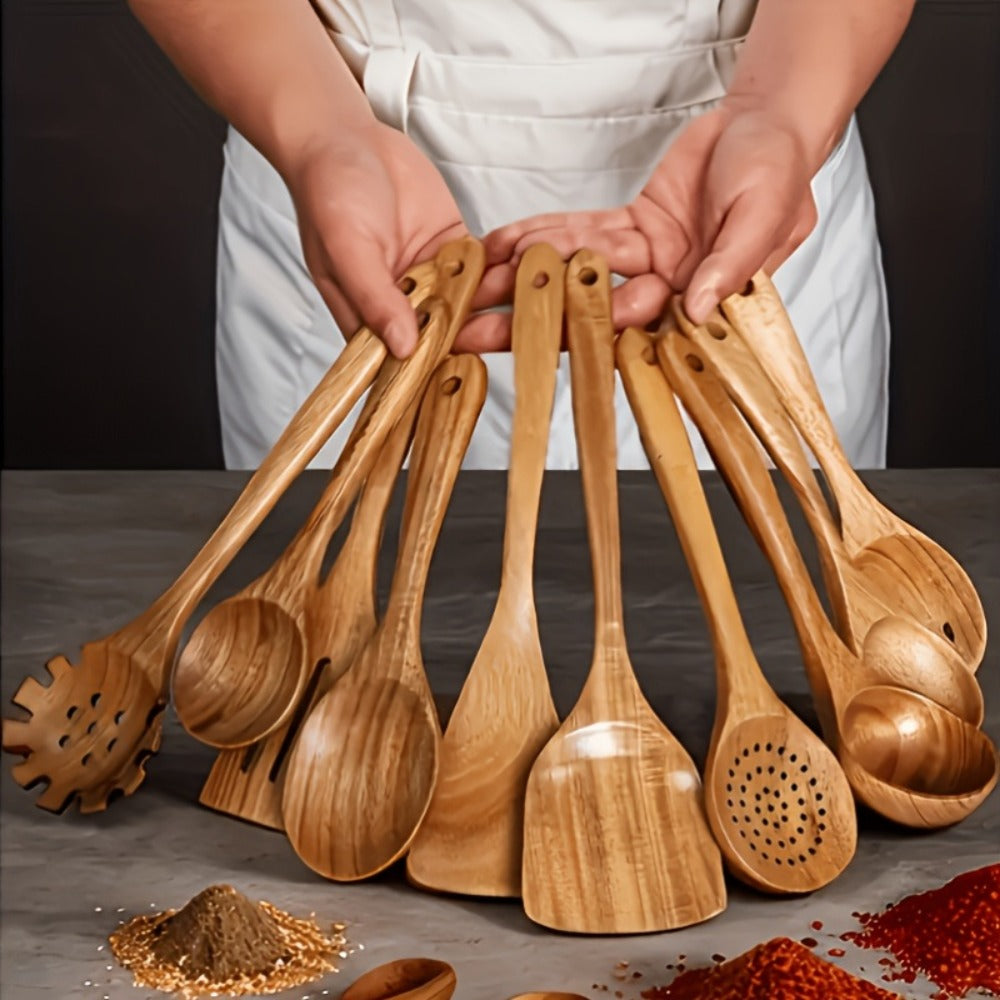 Wooden Kitchen Utensils Set ¨C Natural Wood Spoon Spatula & Wok Spatula with Ergonomic Handle, Heat-Resistant Non-Stick Safe Cooking Tools, Easy to Clean Durable Kitchen Essentials (5 / 6 / 10 Piece Sets)