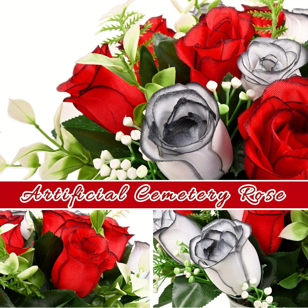 Artificial Cemetery Flowers for Grave with Saddle, Silk Rose Bouquet Headstone Decoration, Memorial Day Grave Flowers, Outdoor Grave Marker Floral Arrangement, 1/2/3 PCS
