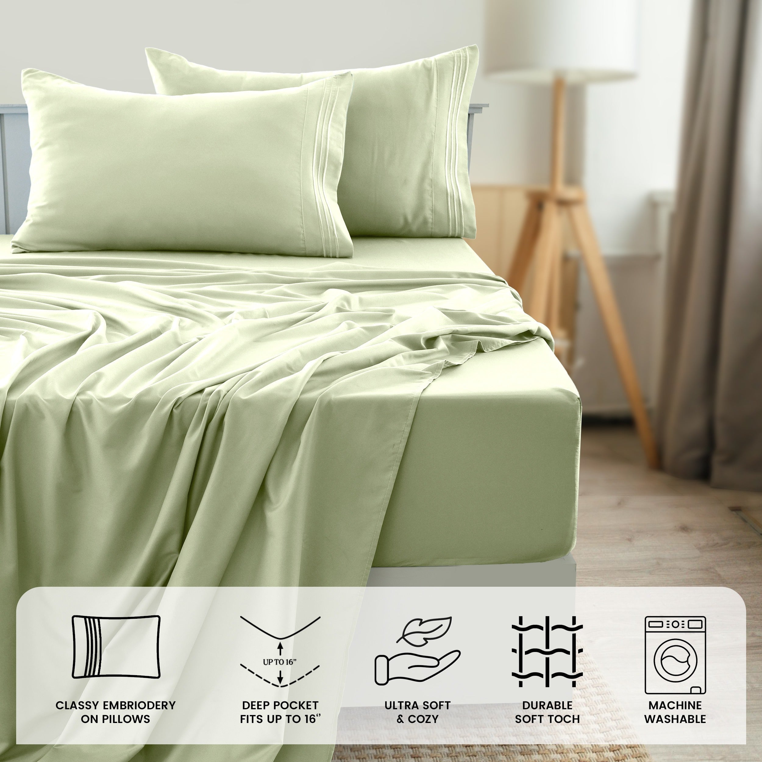 Fitted Sheet Set 6-Piece Brushed Polyester Deep Pocket Bed Sheets 20 Colors Hotel Luxury Soft Bedding with Embroidered Pillowcases