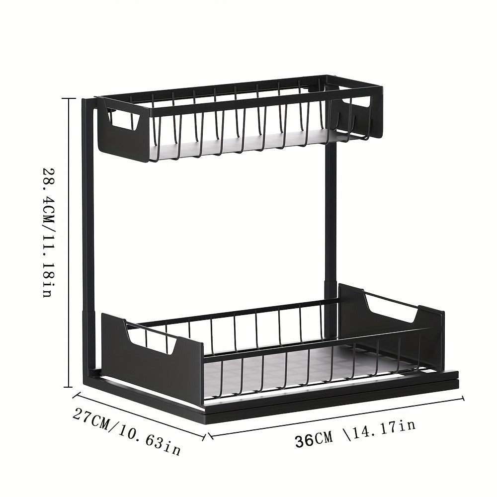 Under Sink Organizer 2-Tier Sliding Pull-Out Metal Rack Cabinet Storage for Kitchen Bathroom Refrigerator Adjustable Shelf Organizer in Black White Gray