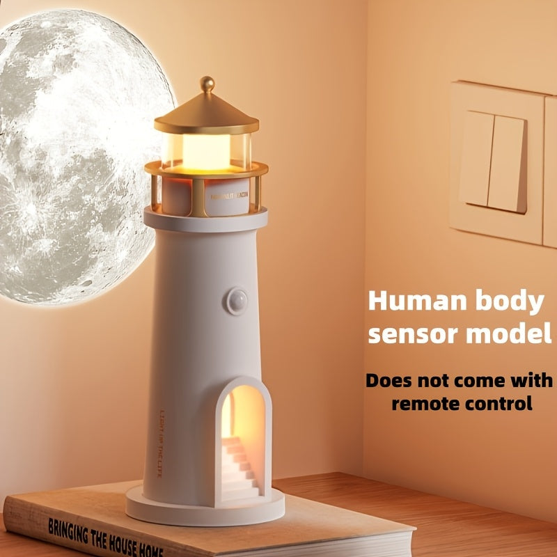 Moon Lighthouse Projector Night Light ¨C Motion Sensor LED Lamp with USB Charging, Always-On Mode, Moonlight Ocean Projection, Decorative Ambient Light & Unique Gift for Home Bedroom Decor