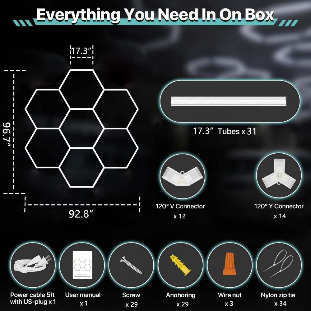 LED Hexagonal Garage Light 6500K ¨C Super Bright Daylight White Shop Light 42W¨C620W for Auto Detailing, Warehouse, Workshop, Basement & Gym (1 to 32 Grids, Hex Frame Available)