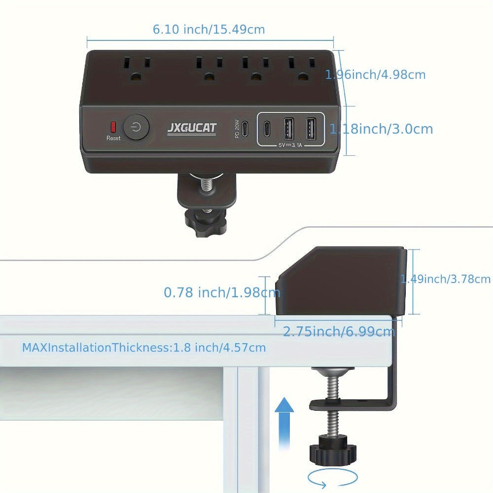 Desk Clamp Power Strip with USB-C PD 20W Fast Charging - 4 AC Outlets 4 USB Ports Surge Protector 1050J 8.8Ft Flat Plug Extension Cord Removable Clamp Fits 1.8 Inch Tabletop Edge Home Office Gaming