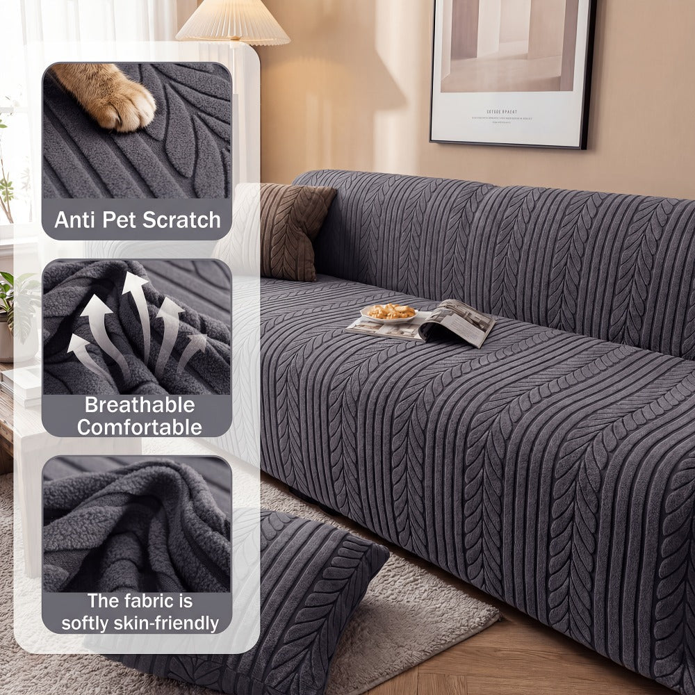 Couch Cover Full Coverage Elastic Velvet Jacquard Sofa Slipcover with Pillowcase - Non-Slip Thick Soft Pet Friendly Machine Washable Fits 1 2 3 4 Seater Living Room Bedroom