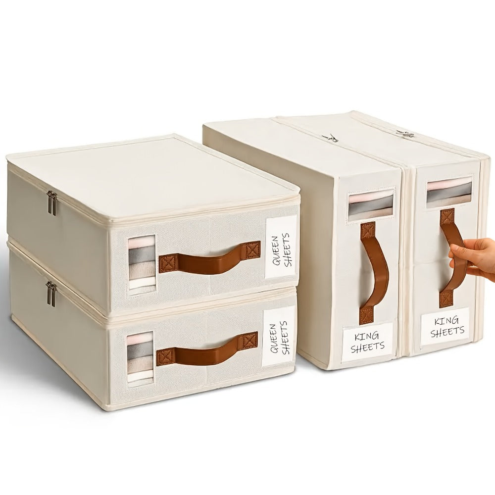 Bed Sheet Storage Boxes with Transparent Window | Clothing Organizer Boxes for Wardrobe Under Bed Closet | 4 or 8 Pack Bedding Storage for Clothes Quilts Blankets Gray White