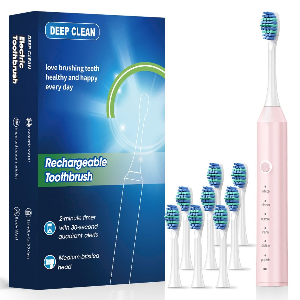 Rechargeable Toothbrush ¨C 6 Cleaning Modes, 500mAh Lithium Battery, USB Charging, Soft Bristles, 4 or 8 Brush Heads, Black White Pink Electric Toothbrush for Adults Deep Clean & Whitening