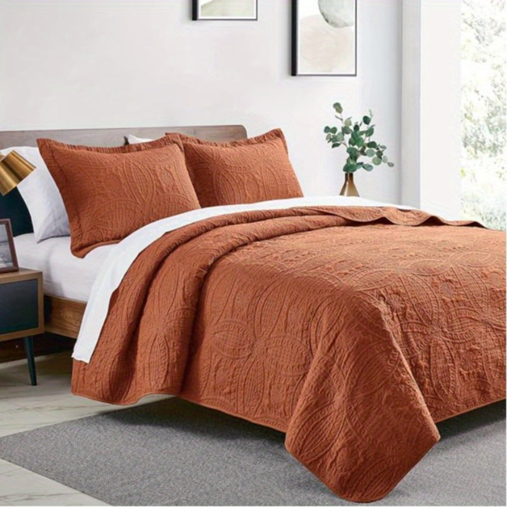 Quilt Set 3 Piece Lightweight Microfiber Bedspread with Pillow Shams - Coin Pattern Coverlet All Season Soft Bed Quilt Full Queen King Orange White Grey Green Khaki