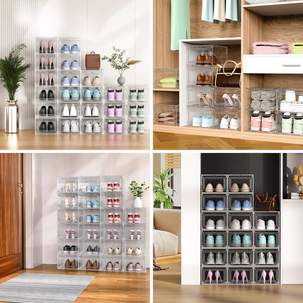 Clear Stackable Shoe Storage Boxes 6/12 Pack XX Large Hard Plastic Organizer for Size 12 Sneakers Closet White