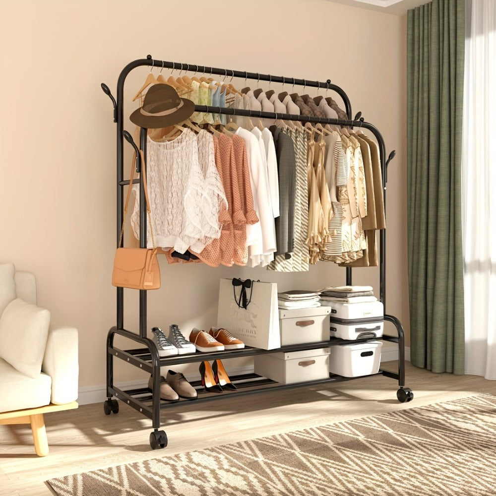 Heavy Duty Metal Clothing Rack Double Rod with Wheels Shelves and Hooks Freestanding Garment Rack 300LB Capacity Closet Organizer for Bedroom Laundry Room
