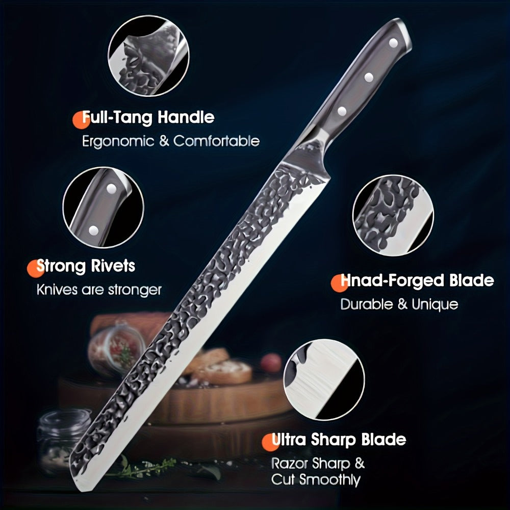 Brisket Knife 12 Inch Hand Forged High Carbon Steel Slicing Knife for BBQ Meat Carving - Sharp Blade for Brisket Ribs Roasts Turkey - Professional BBQ Knife Gift for Grilling Enthusiasts