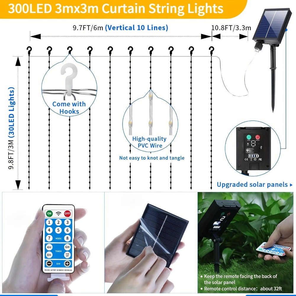 Solar Curtain Lights Outdoor 300 LED Waterfall Fairy String Lights with 8 Modes Remote Control USB Rechargeable Dimmable Timer for Christmas Gazebo Party Wedding Window Decor