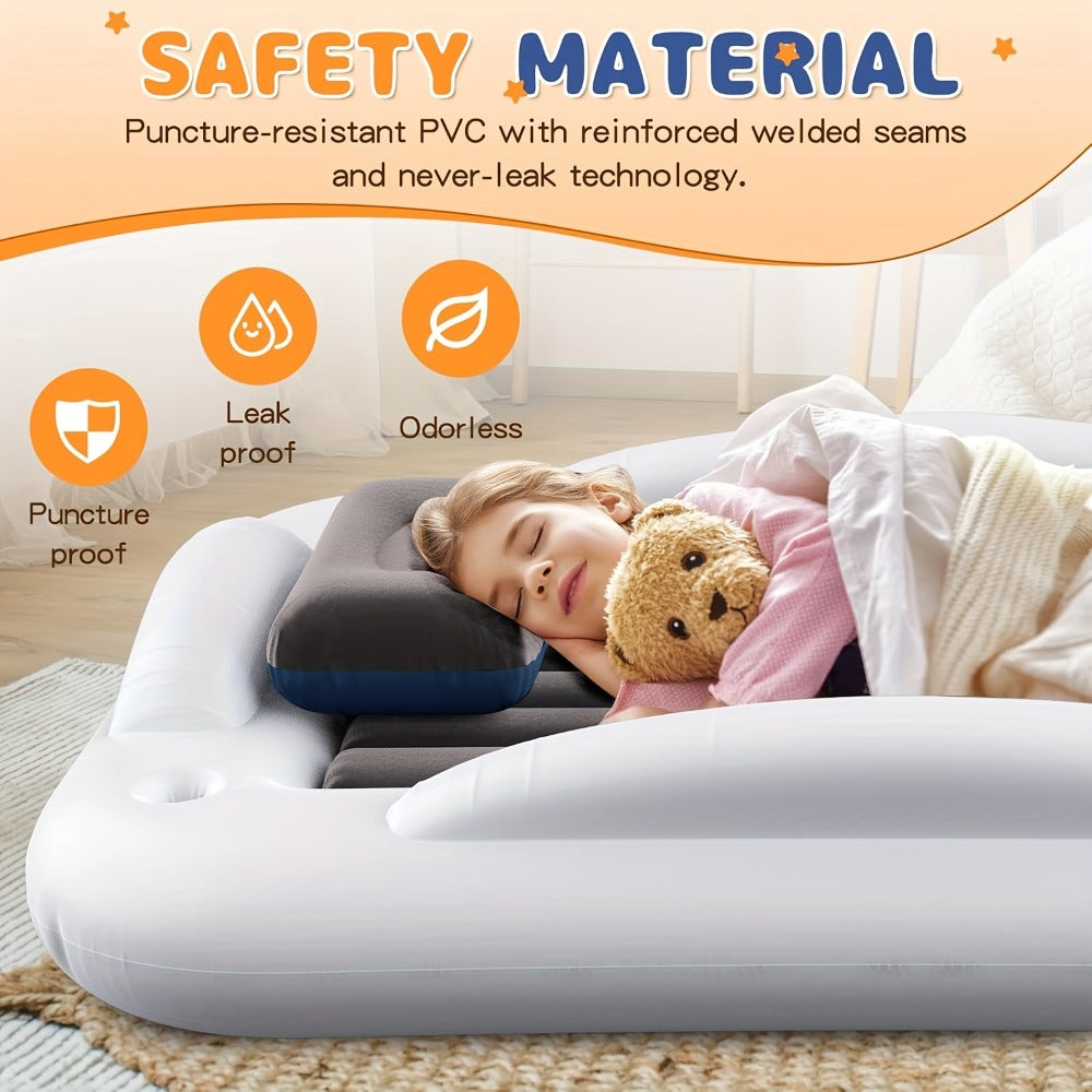 Kids Inflatable Travel Bed ¨C Portable Children Air Mattress with Fast Inflation, Separate Mattress Design, for Home Camping Vacation Grandma's, Ages 3-10, Blue Grey