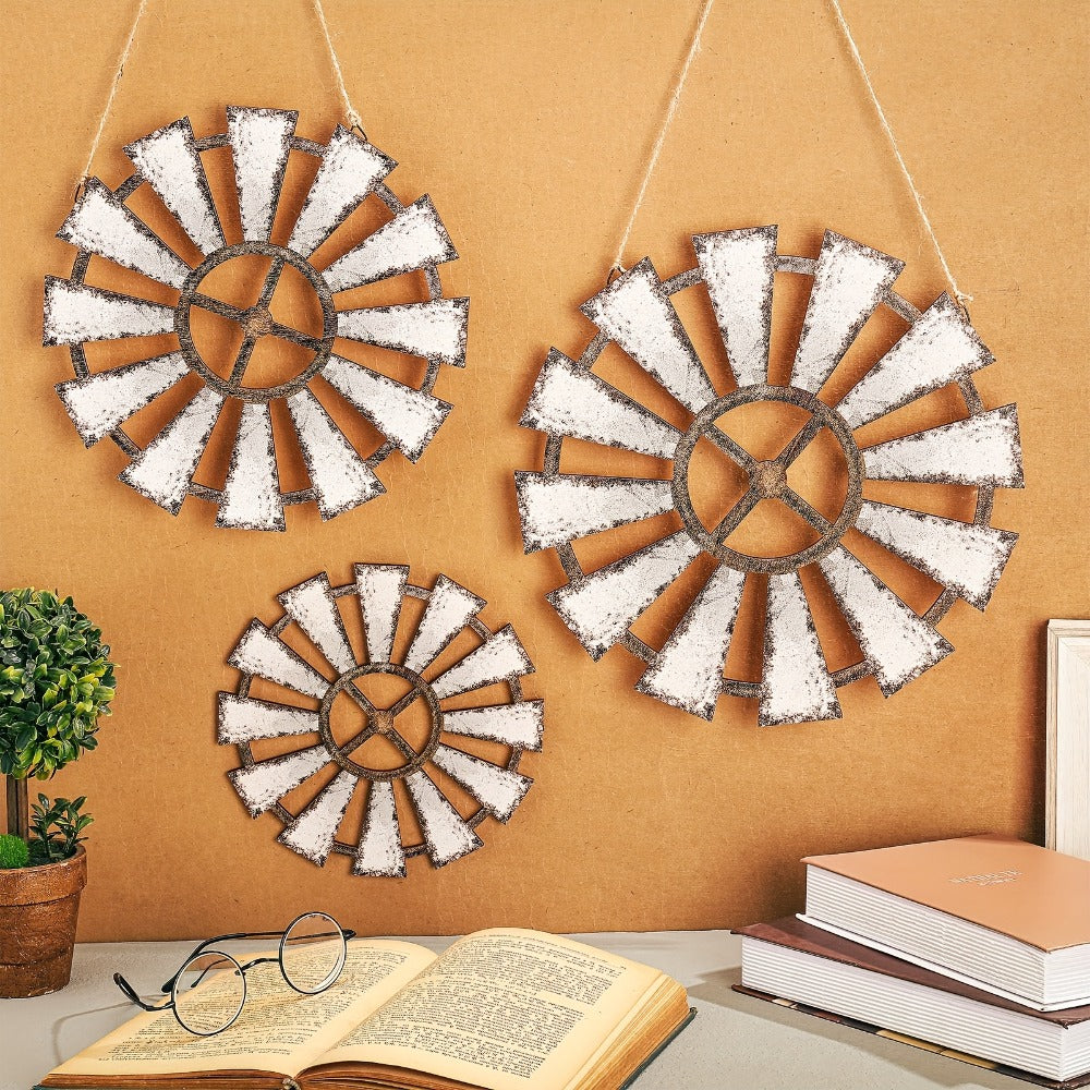 Bohemian Wood Windmill Wall Decor 3 Pack Rustic Wooden Wind Turbine Hanging Sculptures Farmhouse Wall Art for Living Room Bedroom Nursery Boho Home Decoration Indoor Outdoor Accent