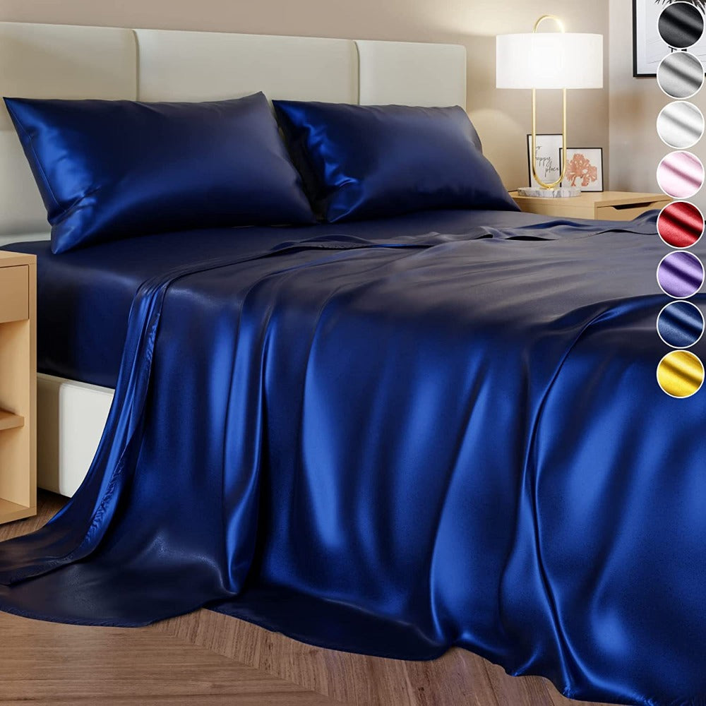 Satin Bed Sheet Set 4 Pcs ¨C Luxury Silky Smooth Hotel-Quality Bedding, Wrinkle-Free Deep Pocket Fitted Sheet, All-Season Elegant Satin Sheets ¨C Twin, Full, Queen & King, Multiple Colors
