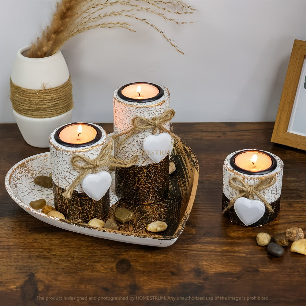 Wooden Candle Holder Set of 4 ¨C Love Heart Tray, Tea Light Holder, Knot Bow Decoration & Decorative Stone Bowl for Home Decor, Valentine's Day, Christmas & Easter Gift