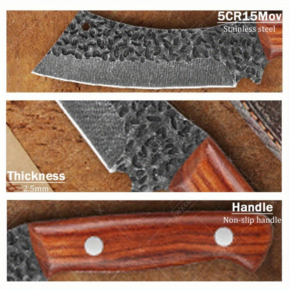 Viking Chef Knife Set 3/4pcs Hammered Stainless Steel Kitchen Knives ¨C Boning, Utility & BBQ Knife with Wooden Handle for Cooking, Camping & Outdoor