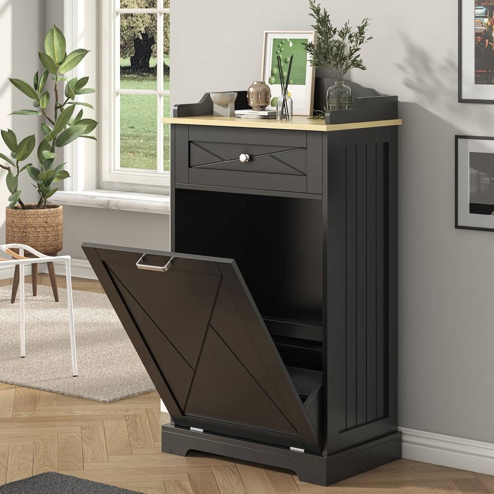 Tilt Out Trash Can Cabinet 12 Gallon Hidden Kitchen Trash Cabinet with Drawers, Pantry Storage, Laundry Hamper Cabinet
