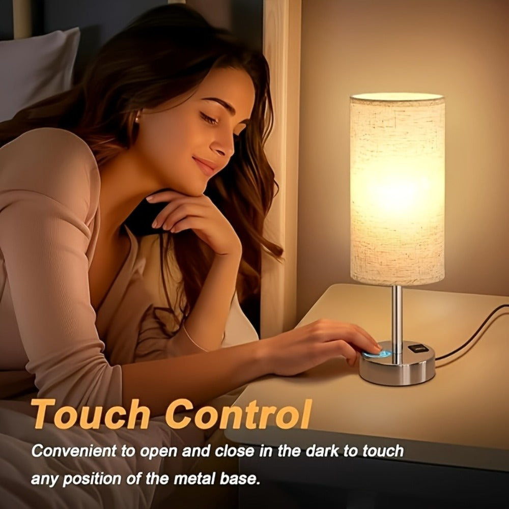 Bedside Table Lamp with USB-C Charging Port ¨C 3-Way Dimmable Touch Lamp, Wood Base Round Burlap Shade, Small Nightstand Desk Light with AC Outlet & A19 LED Bulb Included for Bedroom Living Room Office
