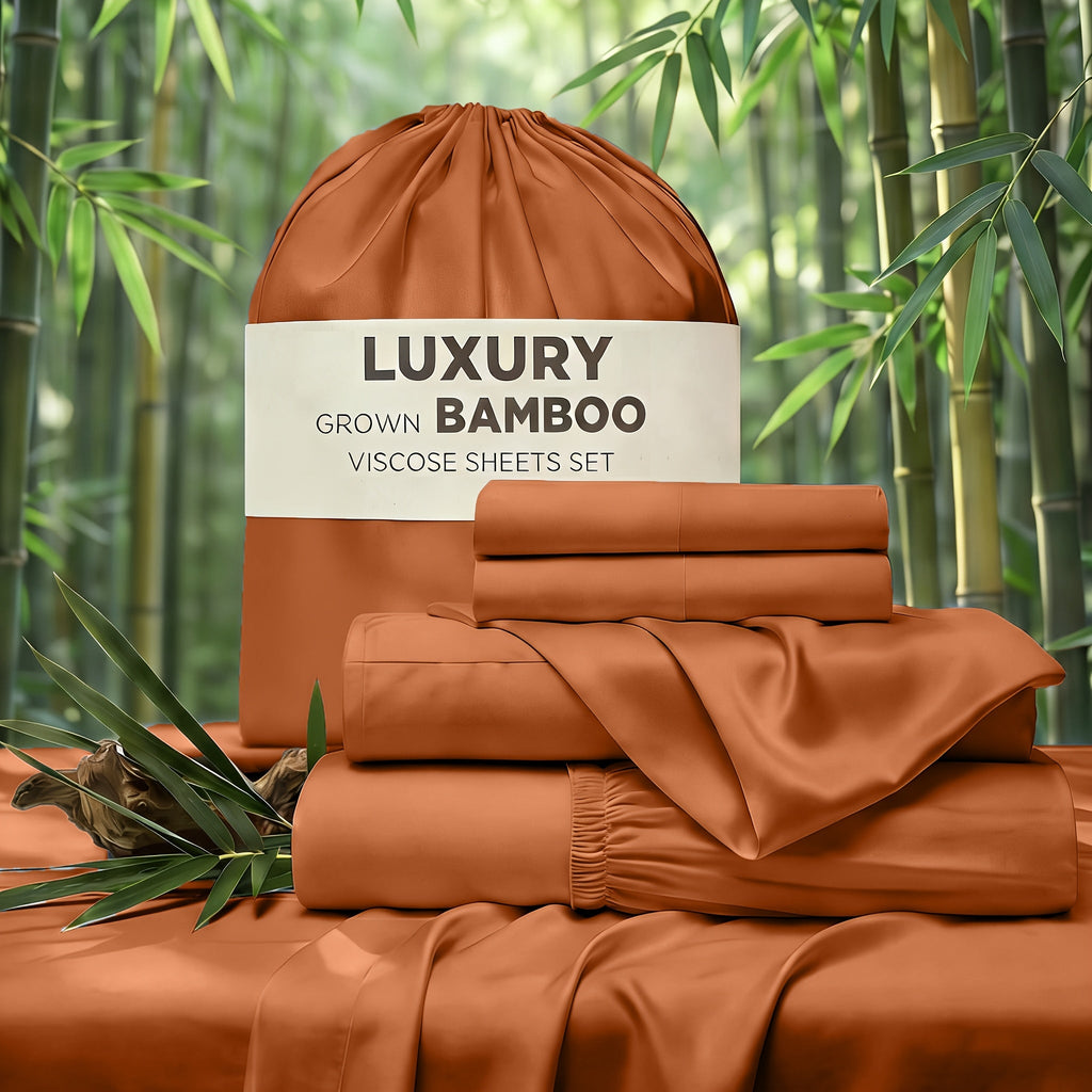Cooling Bed Sheet Set 4 Piece Bamboo Rayon Deep Pocket Twin Full Queen King Extra Soft Wrinkle Fade Stain Resistant Hotel Luxury Pillowcase Bedroom Decor