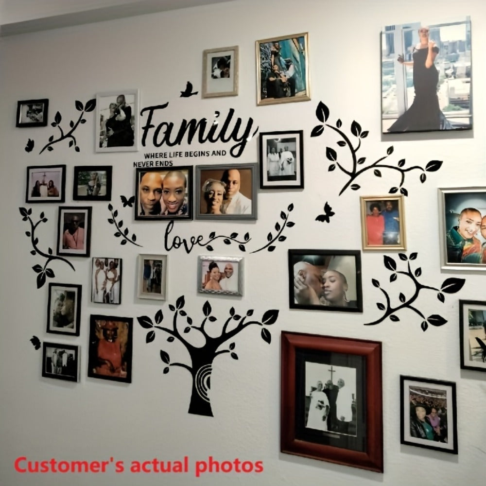 Family Tree Wall Sticker 3D Acrylic Photo Frame Collage ¨C Removable Leaf-Shaped Picture Display with ¡±Family¡± & ¡±Love¡± Text, Peel & Stick Living Room Wall Decor, 81.5 x 57.48 Inches