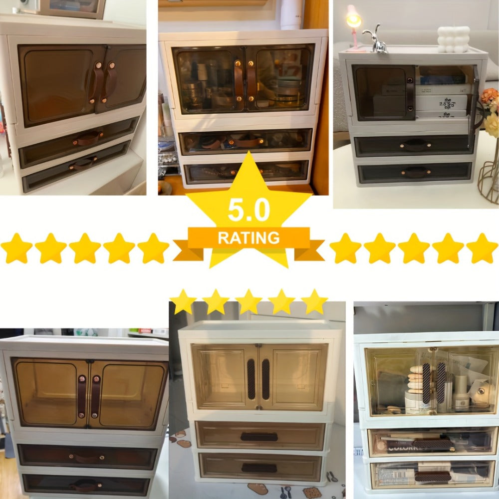 Makeup Storage Cabinet with Transparent Drawers, Stackable Cosmetic Organizer for Vanity, Foldable Plastic Skincare Storage Box, Retro White Gold Design, Desk Organizer for Bedroom Home