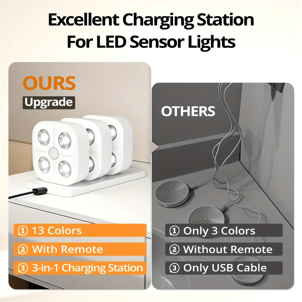 Puck Lights Rechargeable RGB with Charging Station - Motion Sensor Under Cabinet Lighting, Wireless LED Closet Lights with Remote Control, Color Changing Night Light for Hallway Stairway Bathroom Bedroom Kitchen, 3/4/6 Pack