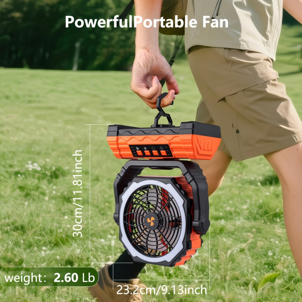 Camping Fan 20000mAh Battery Powered with 4 LED Lantern - Dual Motor 4-Speed Portable Outdoor Fan with Hook & Remote Control | Desktop Fan for Tent, Power Outage & Construction Site