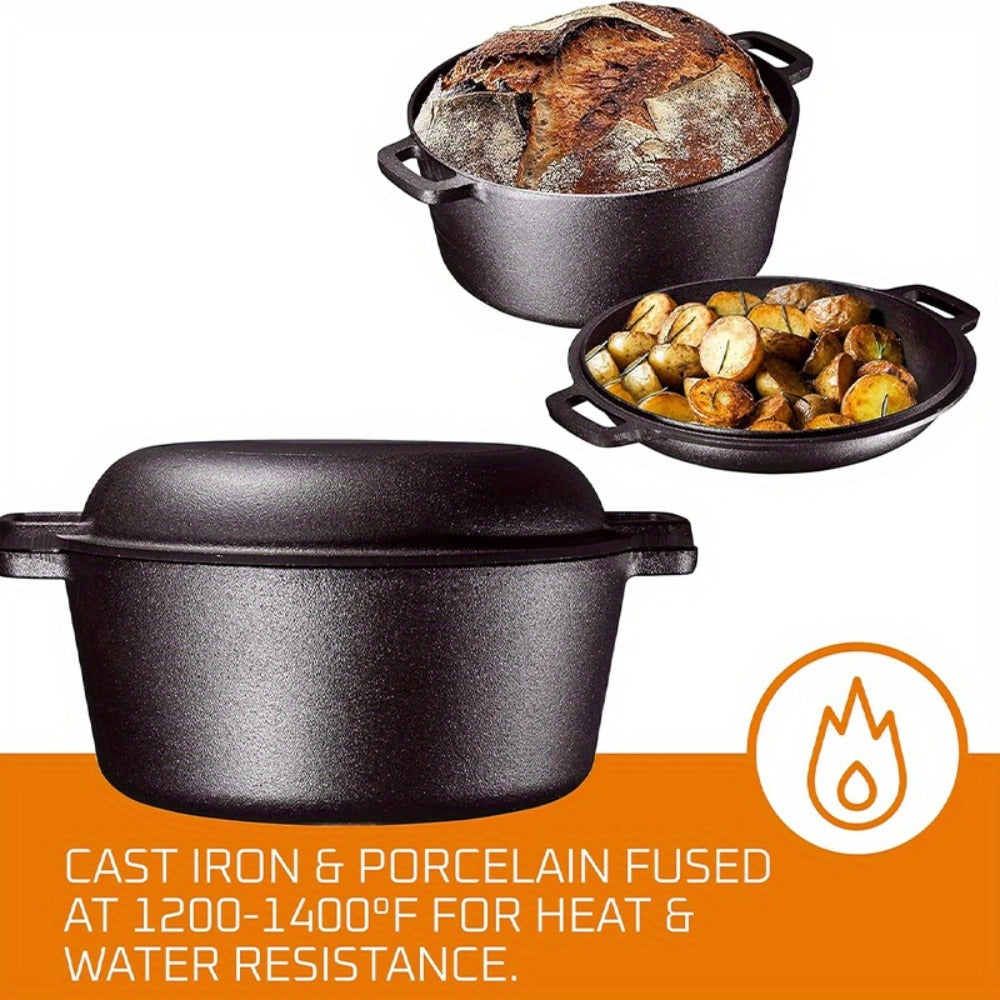 Cast Iron Dutch Oven Set ¨C 6.1QT Deep Pot + 1.9QT Frying Pot, 2-in-1 Cookware with Silicone Handles, Iron Frame & Scraper, Oven, Stovetop, Induction & BBQ Compatible, 6-Pack Bundle