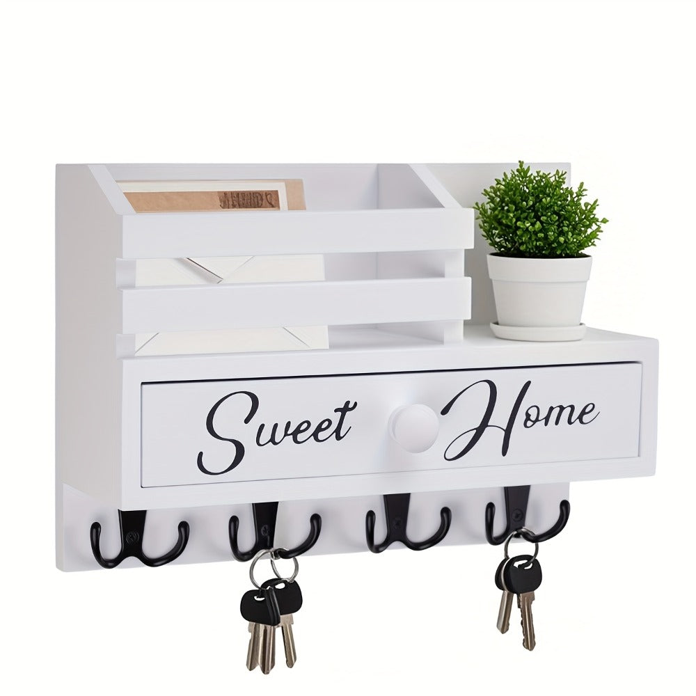 Key Holder for Wall with Drawer 8 Hooks ¨C Rustic Wood Wall Mounted Key & Mail Organizer for Entryway, Kitchen, Mudroom, Office, Adhesive & Paintable Hooks, Space Saving Entryway Decor Storage