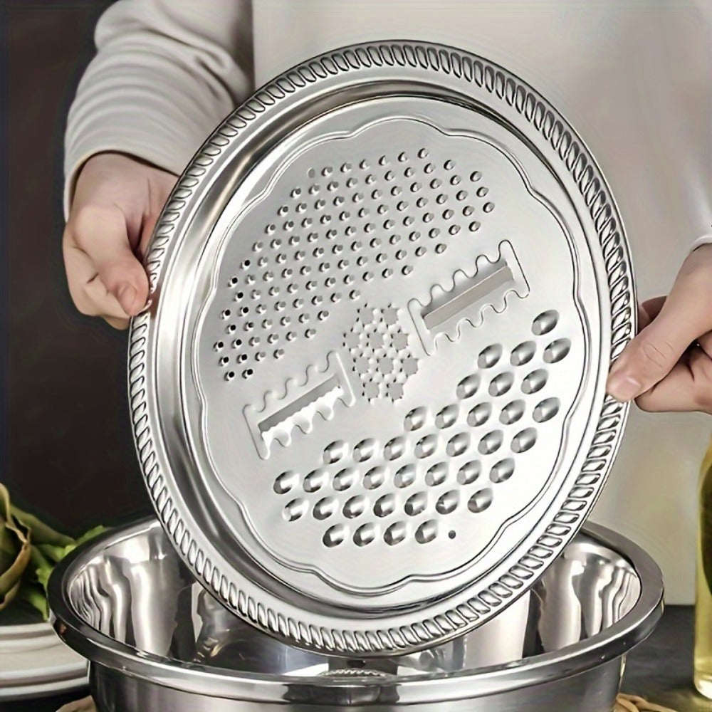 Stainless Steel Kitchen Bowl Set 3 Piece with Integrated Grinder, Colander Filter and Mixing Bowl, Multifunctional Fruit Vegetable Washing Prep Bowl with Drainage System for Slicing Cheese Salad