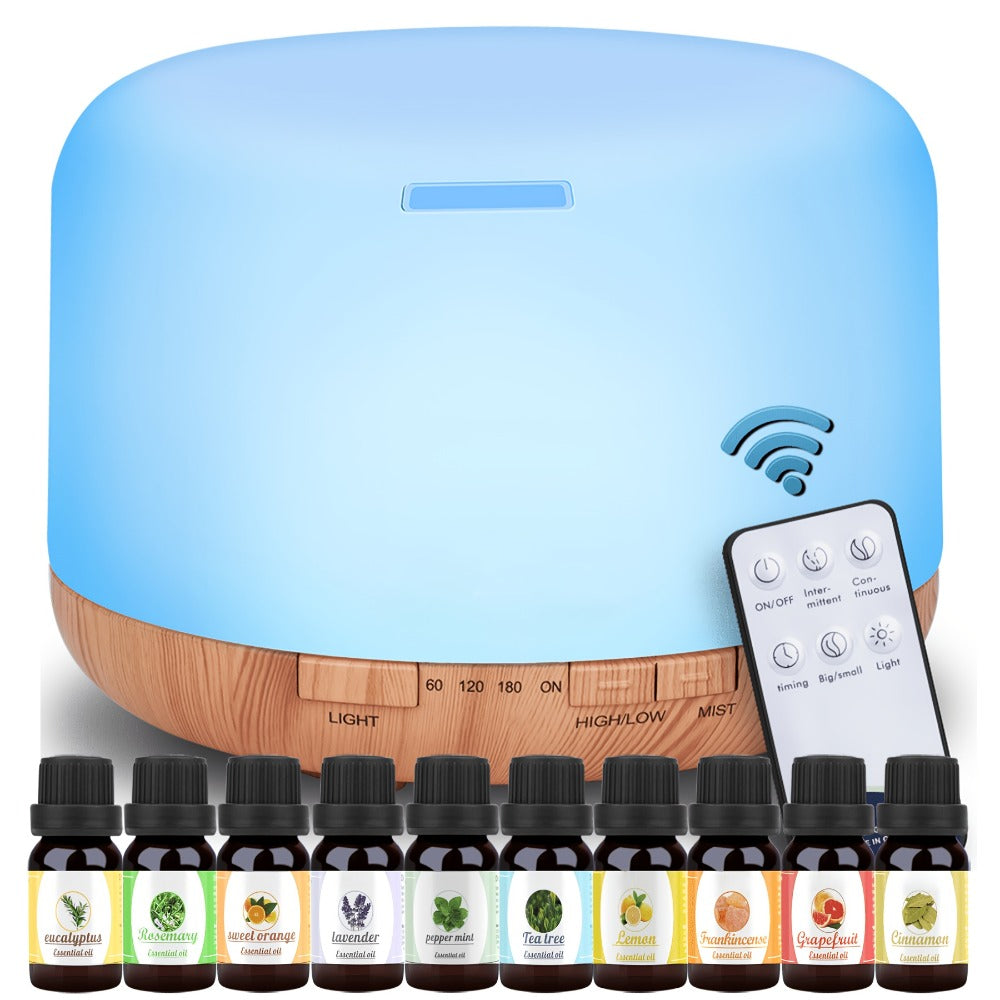 Essential Oil Diffuser 500ml with 10 Essential Oils 7 Color LED Aromatherapy Diffuser Humidifier Remote Control 4 Timer Settings Auto Shut-Off Ultra-Quiet for Home Office Bedroom Living Room Spa