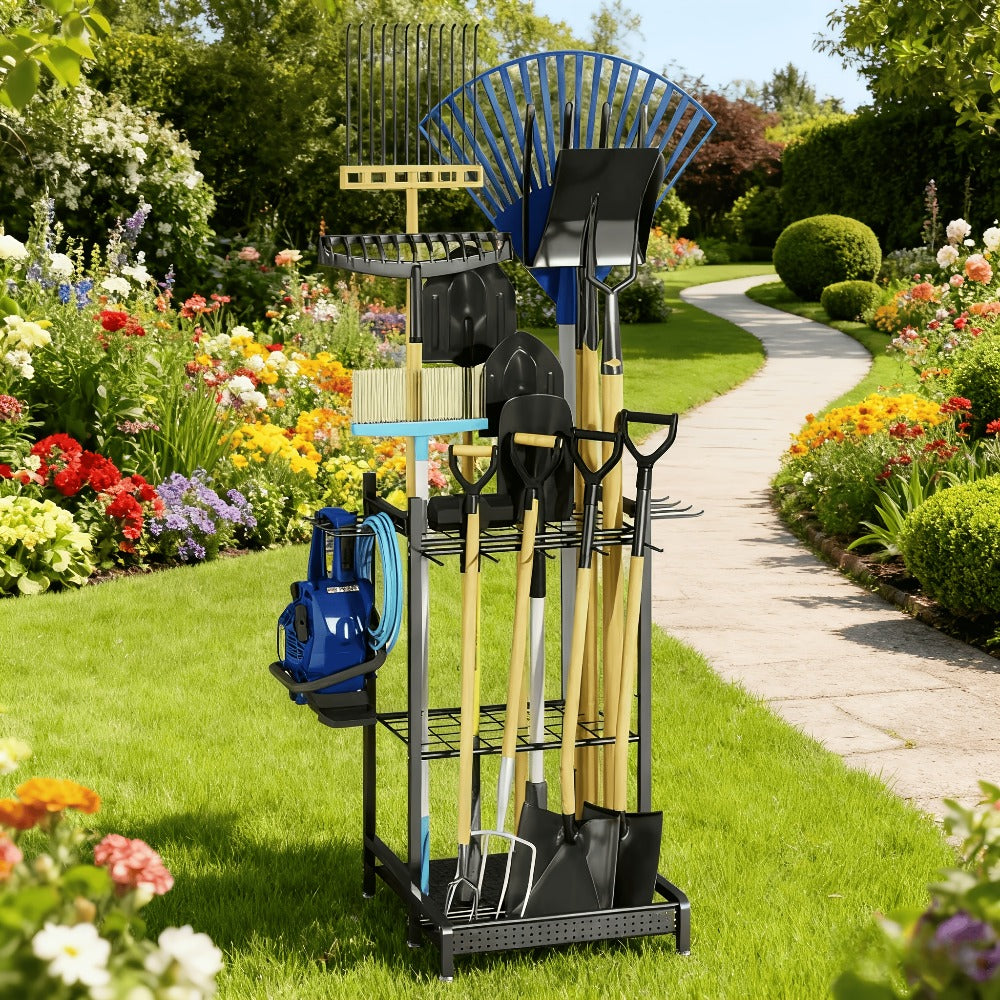 Garden Tool Organizer for Garage ¨C Metal Yard Tool Storage Rack with Hooks & Wheels for Long-Handled Tools, Broom, Shovel, Rake, Mop ¨C Heavy Duty Freestanding Tool Stand Holder, Black