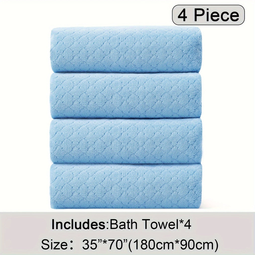 Oversized Bath Towel Set 4 Piece Diamond Pattern Microfiber - Ultra Soft Highly Absorbent Quick Dry | 10 Colors | Blue Green Black Gray Navy Orchid Brown Purple White Turquoise | Bathroom Hotel Gym Gift