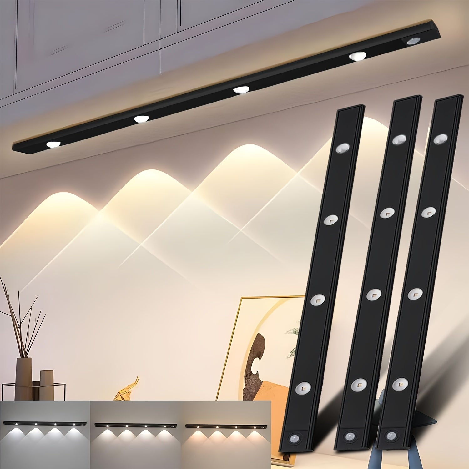 Motion Sensor LED Cabinet Light USB Rechargeable Dimmable Night Light Gesture Control 3 Modes Wireless Under Cabinet Lighting for Kitchen Bedroom Stairs Closet Reading Bedside 2pcs 3pcs