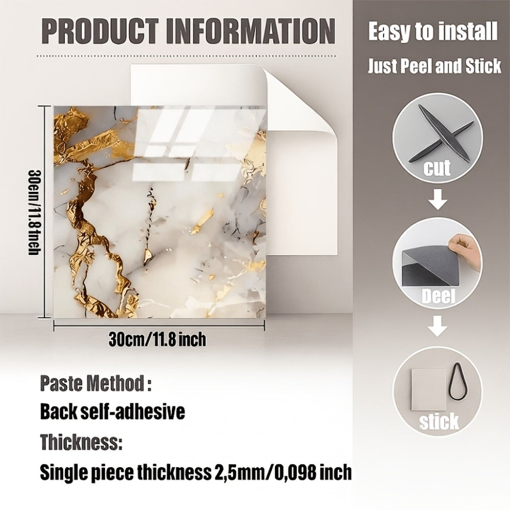Self-Adhesive Marble Tile Stickers 11.8x11.8in Peel and Stick Wall Tiles for Bathroom Kitchen Backsplash ¨C Waterproof 3D Glossy Imitation Marble Wall Panel, Easy to Install, 50 or 100 Pack