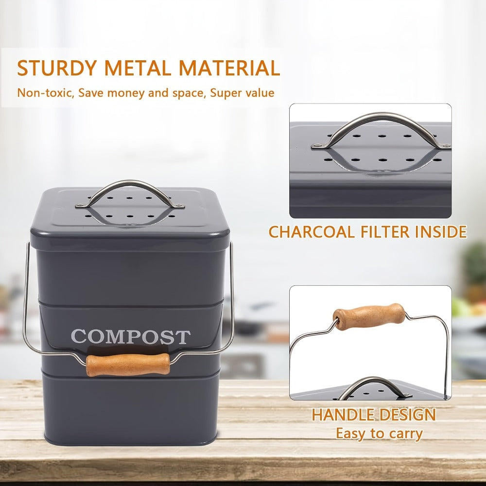 Kitchen Compost Bin 1 Gallon with Charcoal Filter & Wooden Handle, Odor-Free Indoor Countertop Food Waste Bin, Metal Compost Bucket for Home Kitchen, Available in Black, White, Gray, Green