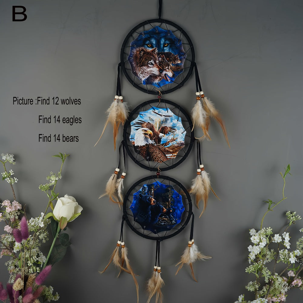 Dream Catcher Wall Decor Wolf Design Boho Bedroom Hanging Decoration ¨C 6 Inch 3-Circle Feather Dream Catcher for Boys Kids Room, Nursery, Halloween, Christmas & Holiday Gift
