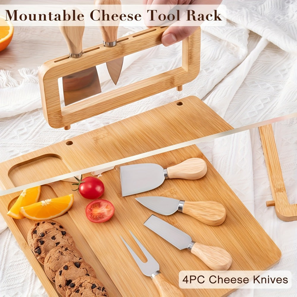Charcuterie Board Set with Knives Large Bamboo Cheese Board Meat Platter Appetizer Tray with 4 Stainless Steel Knives Perfect for Party Wedding Christmas Birthday Gift