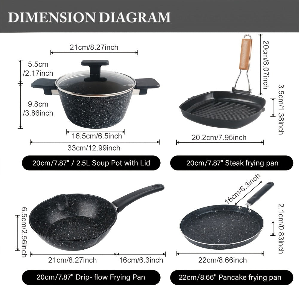 Non-Stick Cookware Set 4pcs Aluminum Frying Pan Kitchen Cooking Set Even Heat Distribution Easy Clean for Sauteing Searing Frying Everyday Home Cooking Black