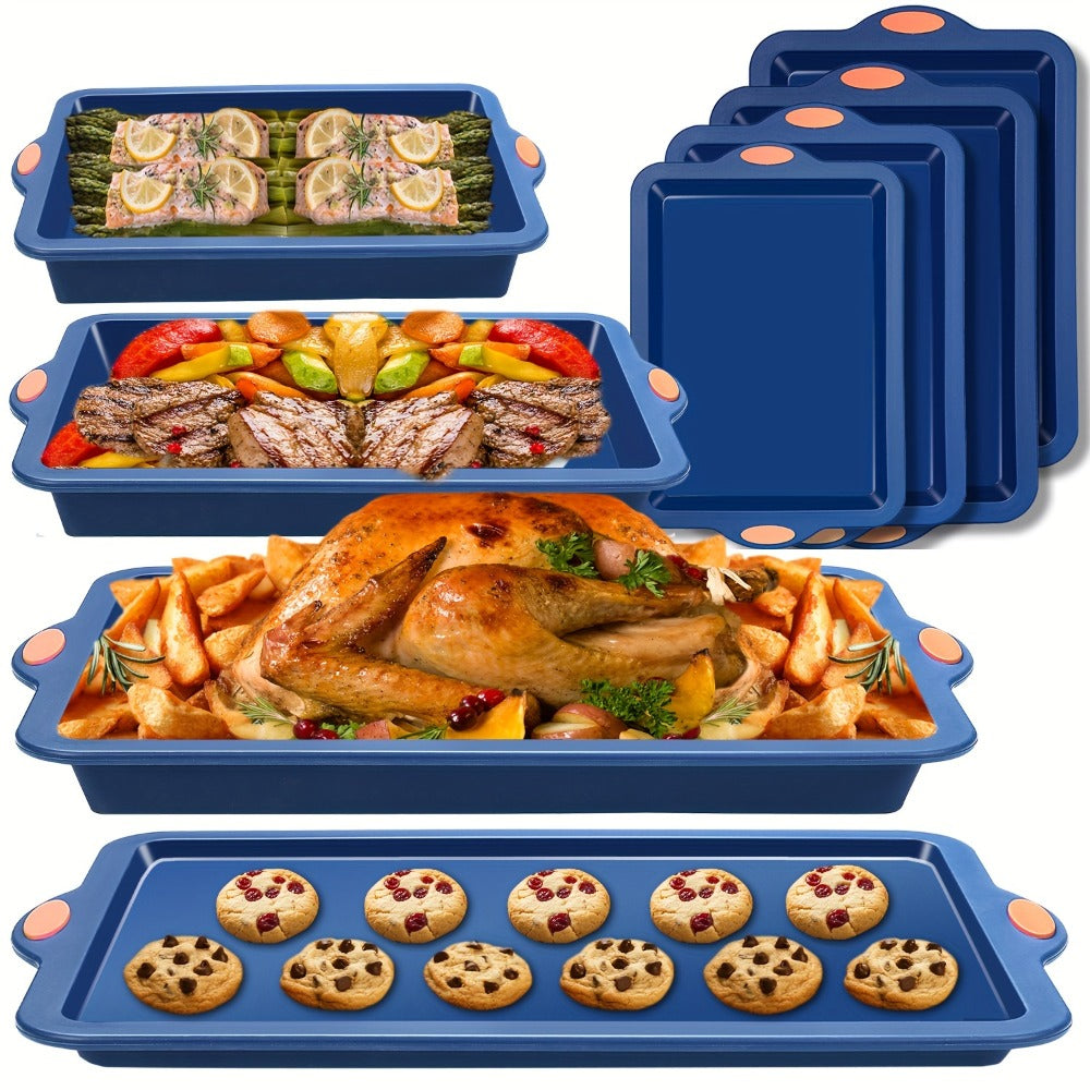Silicone Baking Pans Set 4-Piece ¨C Nonstick Bakeware with Metal Reinforced Frame, Includes Baking Sheet, Cookie Sheet & Cake Pan with Grips, Oven Safe, Easy Release ¨C Navy Blue & Light Gray