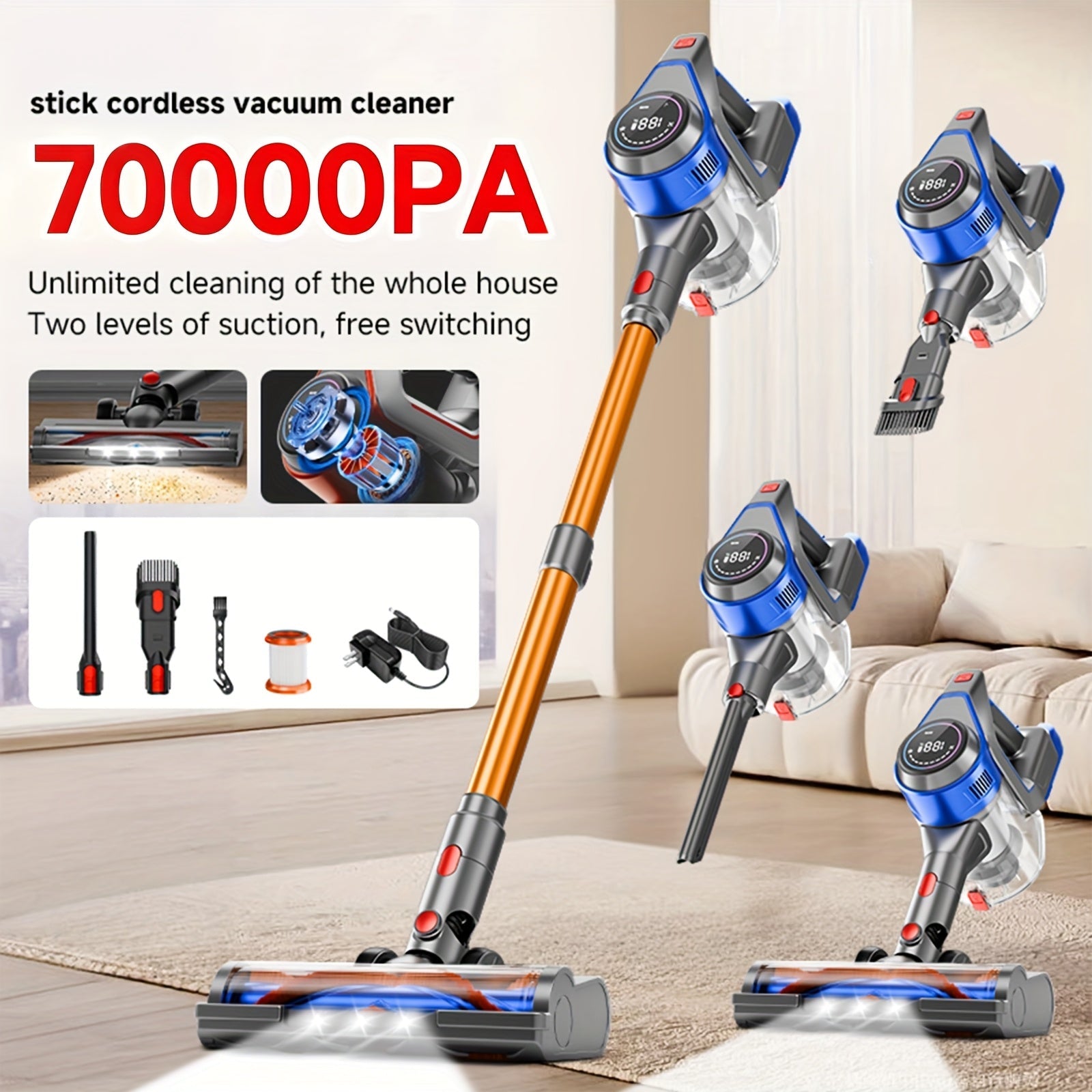 Stick Vacuum Cleaner 70Kpa MAX Suction Cordless & Corded 8-in-1 Handheld Vacuum for Hard Floors, Carpets & Pet Hair - Lightweight with Detachable Battery, LED Display, Up to 45 Min Runtime, Multiple Colors