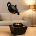 Tabletop Water Fountain with LED Light Zen Teapot Indoor Relaxation Fountain Black Resin Pebble Bed Soothing Water Flow Meditation Decor Home Office Desk Zen Garden Gift