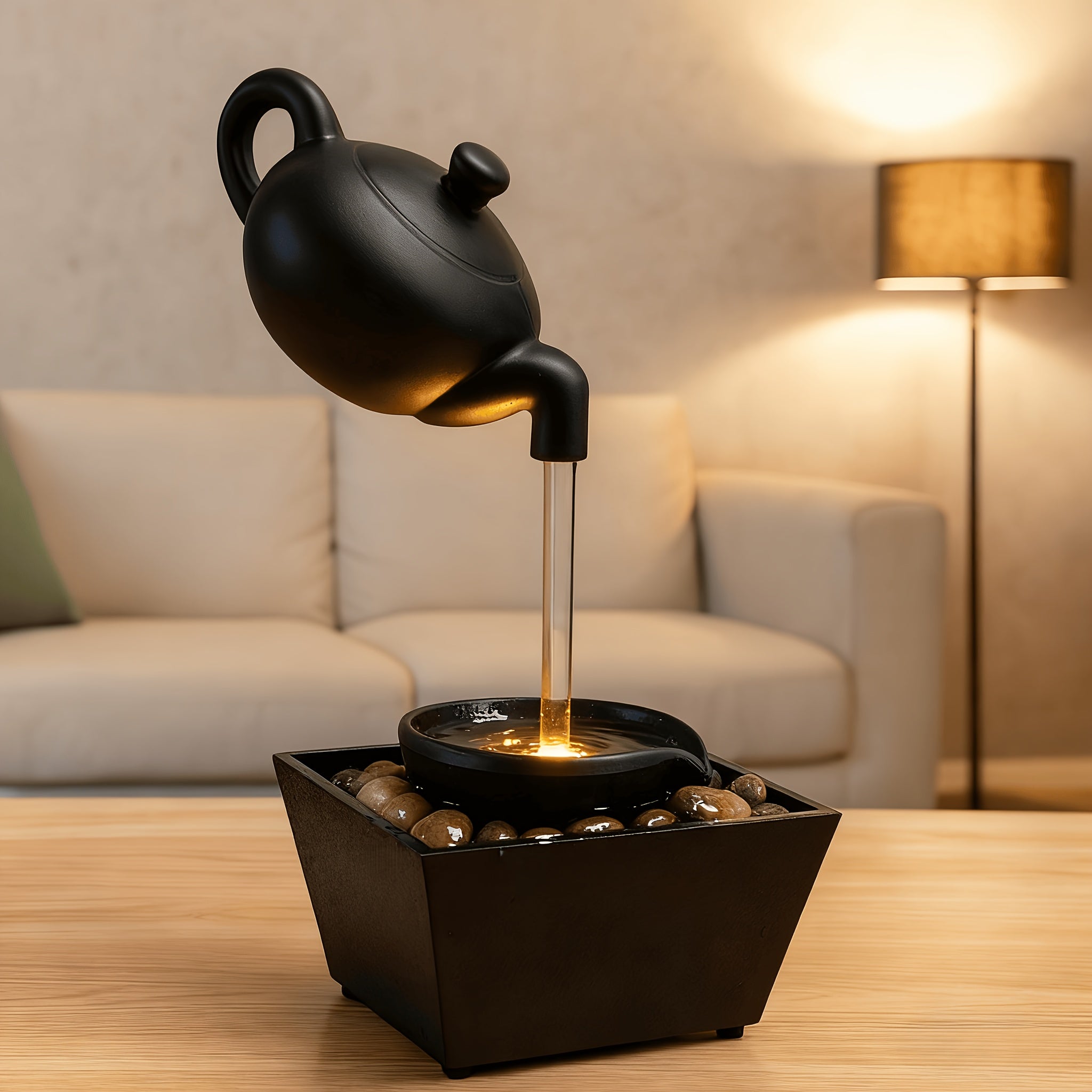 Tabletop Water Fountain with LED Light Zen Teapot Indoor Relaxation Fountain Black Resin Pebble Bed Soothing Water Flow Meditation Decor Home Office Desk Zen Garden Gift